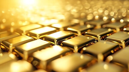 Poster - Glossy and luminous stack of gold bars illuminated by warm light creating a luxurious feel : Generative AI