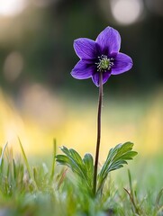 Poster - Closeup of a delicate purple flower blossoming in a sunlit meadow with soft greenery around it : Generative AI