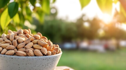 Aufkleber - Nutritious Almonds in Decorative Bowl Surrounded by Green Leaves and Natural Light : Generative AI