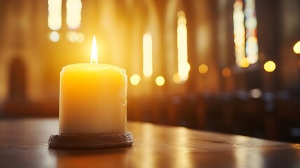 Poster - Serene Candle Glows Softly in a Beautifully Lit Church Interior : Generative AI