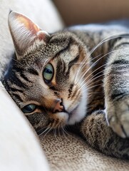 Poster - Relaxed domestic cat lounging comfortably showcasing stunning eyes and soft fur : Generative AI