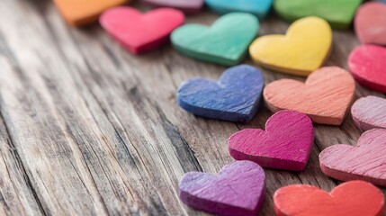 Aufkleber - Colorful Wooden Heart Shapes Spread Across a Rustic Wooden Table Top : Generative AI