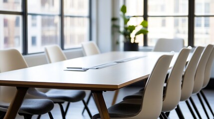 Leinwandbilder - Modern boardroom with elegant meeting table and stylish chairs lit by natural light from large windows : Generative AI