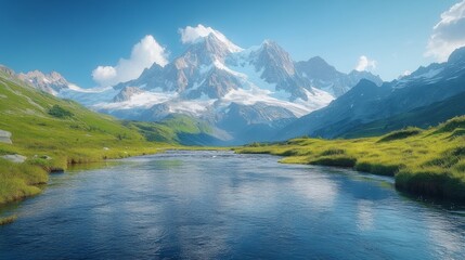 Serene mountain river reflecting snow-capped peaks under a vibrant blue sky.