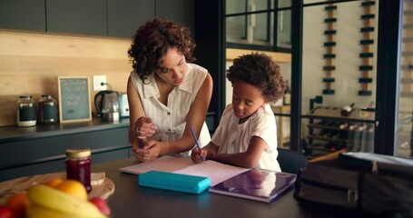 Poster - Homework, help and mom with child with tablet in home for lesson, online learning and teaching. Family, education and mother with kid with notebook writing for assessment, studying and development
