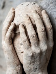 Aufkleber - Artistic sculpture of a head with hands covering the face expressing deep emotions : Generative AI