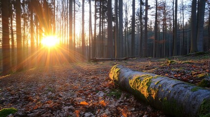 Poster - Sunset Light Breaking Through Forest Trees with Beautiful Greenery and Fallen Leaves : Generative AI