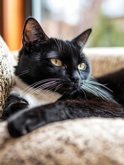 Poster - Charming black and white cat lounging comfortably on a cozy couch with relaxed expression : Generative AI