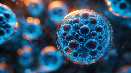 Poster - Close-up of blue microscopic exosome particles inside transparent spheres, floating in a dark background