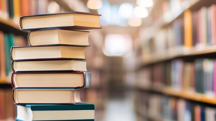 Aufkleber - Stack of assorted books resting on a table in a library with blurred shelves in the background creating a serene atmosphere : Generative AI