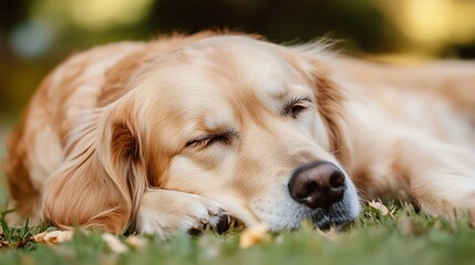 Poster - Golden retriever sleeping peacefully on grass in a natural outdoor setting : Generative AI