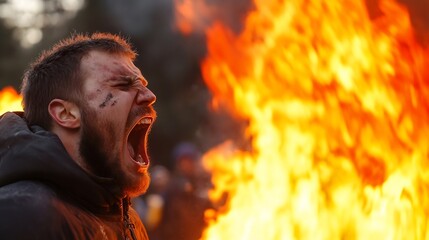 Poster - Intense emotional expression of a man screaming amidst a fiery background : Generative AI