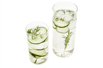Poster - Cucumber Water With Ice Cubes and Fresh Slices in Clear Glasses