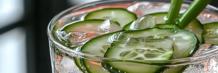 Poster - Refreshing Cucumber Water With Ice in a Beautifully Simple Glass on a Sunny Day