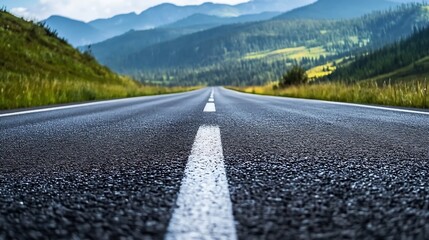 Aufkleber - A long empty road stretching through scenic mountain terrain under cloudy sky : Generative AI