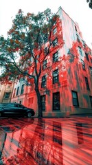 Poster - Digital Transformation Reveals Vibrant Patterns on a Tree, Car, and Building in Urban Setting