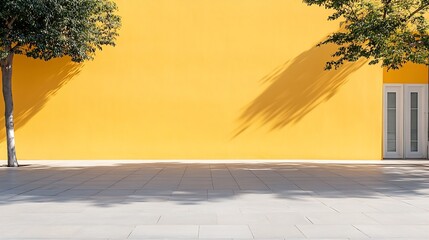 Leinwandbilder - Vibrant yellow wall with soft shadows and trees creating a serene urban landscape : Generative AI