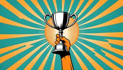 Poster - Champion's Victory | Hand Holding Trophy | Pop Art Celebration | Winning Achievement | Triumph & Success Illustration | Sports & Business Motivation | Award Recognition | Leadership & Excellence