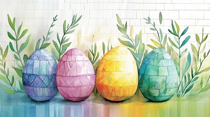 Poster - Iridescent Watercolor Easter Eggs Adorned With Leafy Patterns in a Serene Pastel Setting