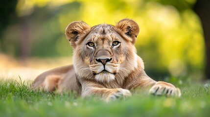 Poster - Majestic lion resting comfortably on the grass in a peaceful sunny environment : Generative AI