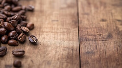 Poster - CloseUp View of Freshly Roasted Coffee Beans Spread on a Rustic Wooden Surface Capturing Their Texture : Generative AI
