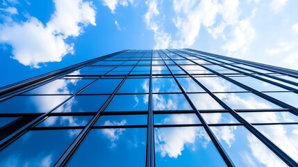 Poster - Modern skyscraper with reflective glass facade capturing the beauty of the sky and clouds above : Generative AI