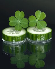 Poster - Unique Arrangement of Fresh Cucumber Slices Shaped Like Clover Leaves in a Minimalist Setting