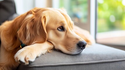 Poster - Thoughtful golden retriever dog resting on a sofa while gazing out the window : Generative AI