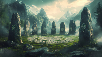 Poster - A mystical circle of ancient rune-inscribed stones, set against a backdrop of rugged mountains and dense forest, symbols of lost magical power. Mystic Occult Ritual Circle. Illustration