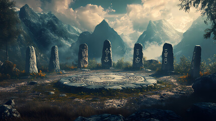 Poster - A mystical circle of ancient rune-inscribed stones, set against a backdrop of rugged mountains and dense forest, symbols of lost magical power. Mystic Occult Ritual Circle. Illustration