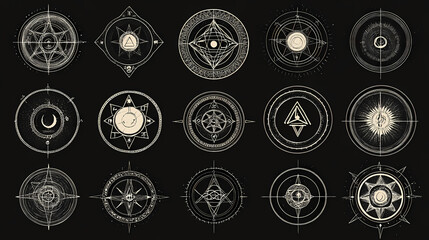 Poster - A set of ancient occult symbols, including circles and triangles, arranged in a circular pattern on a black background. Mystic Occult Ritual Circle. Illustration