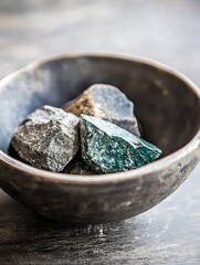 Poster - Artistic display of various colorful stones in a rustic bowl highlighting natural beauty and texture : Generative AI