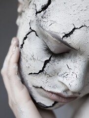 Poster - CloseUp of Woman's Face with Cracked Earth Makeup Representing Fragility : Generative AI