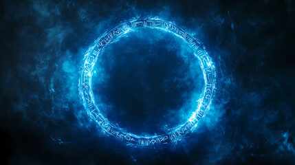 Wall Mural - blue magic runes in a circle. spell effect with ancient fantasy writing. glowing magical neon ring. 