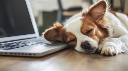 Aufkleber - Sleeping Dog Resting Near a Laptop on a Cozy Wooden Floor in a Comfortable Indoor Space : Generative AI