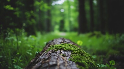 Poster - A serene view of a mosscovered log in a vibrant green forest surrounding with soft natural light : Generative AI
