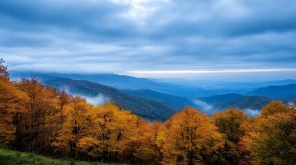 Poster - Stunning autumn landscape with vibrant orange trees overlooking a valley under a cloudy sky : Generative AI
