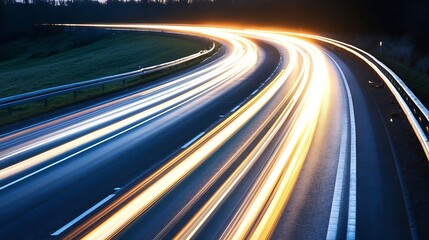 Poster - Dynamic light trails on a winding highway at night creating a vibrant atmosphere : Generative AI