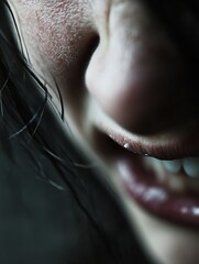 Poster - Closeup Portrait of a Person Smiling with Soft Focus on Facial Features and Textures : Generative AI