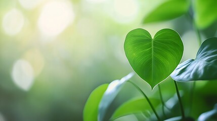 Poster - Closeup of a HeartShaped Green Leaf Bathed in Soft Natural Light with a Dreamy Background : Generative AI