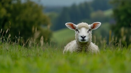 Poster - Curious sheep looking at the camera amidst vibrant green grass in a picturesque landscape : Generative AI