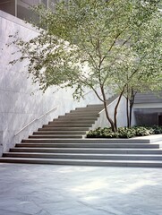 Aufkleber - Stunning Modern Architecture Featuring Elegant Staircase Surrounded by Lush Greenery and Warm Natural Light : Generative AI