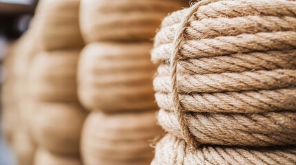 Poster - Rolled natural jute ropes stacked tightly showcasing their texture and rustic charm in warm lighting : Generative AI