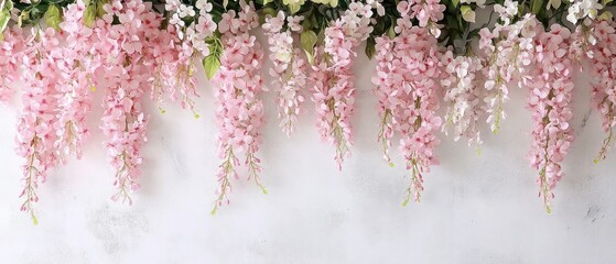 Wall Mural - Pink wisteria flowers cascading down with a white surface backdrop, use for decoration