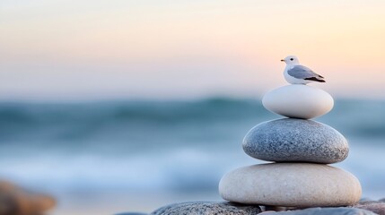 Poster - Minimalist Composition of Smooth Stones with a Seagull Perched on Top by the Shore : Generative AI