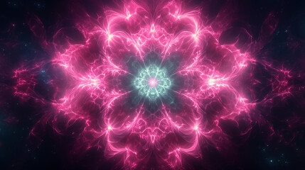 Abstract fractal flower pattern glowing with pink and blue neon lights against dark background. Digital art creation with symmetrical energy design