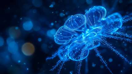 Poster - Close-up of a glowing blue abstract structure resembling delicate jellyfish-like forms, with a mesmerizing display of fine details and light, symbolizing the beauty of bioluminescence.