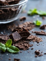 Poster - Close up of rich dark chocolate pieces and shavings surrounded by fresh mint on a textured surface : Generative AI
