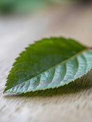 Poster - Close Up of Fresh Green Leaf on Wooden Surface Highlighting Textures and Details : Generative AI