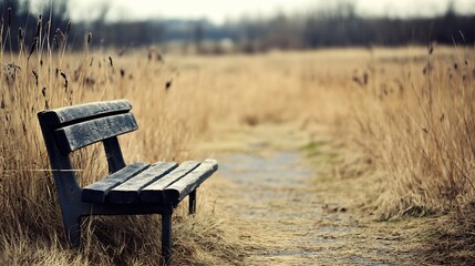 Poster - Solitary wooden bench surrounded by tall grass on a peaceful pathway in a quiet natural setting : Generative AI